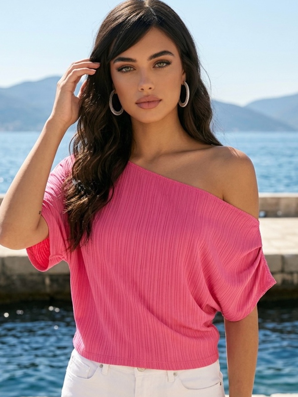 She + Sky One-Shoulder Ribbed Pink Crop Top